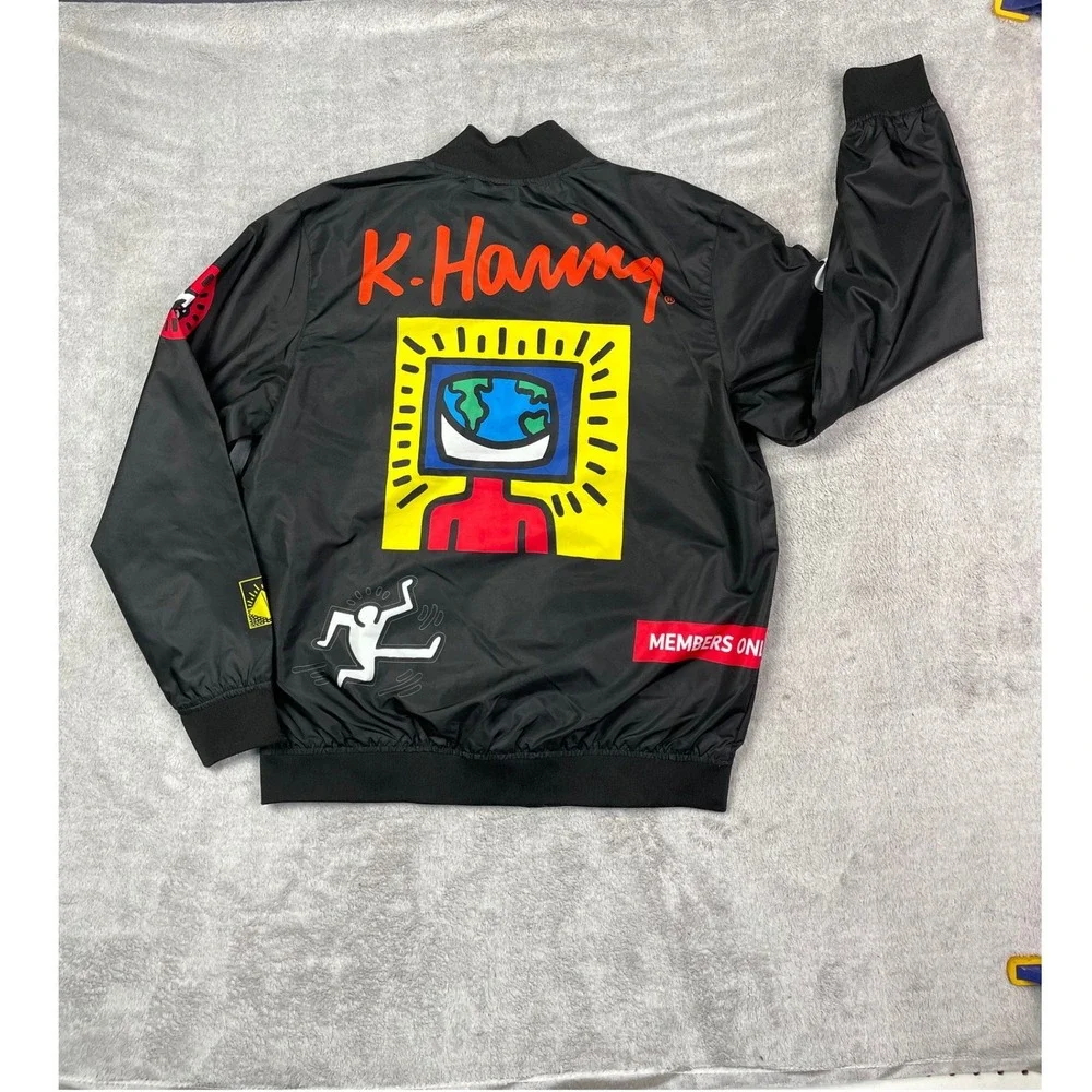 Members Only Keith Haring Jacket Mens Medium Black Bomber Windbreaker Tokyo Pop - Picture 2 of 12